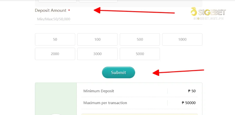 Enter amount of money want deposit and submit