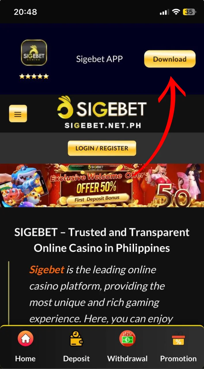 Go to official website Sigebet and click download